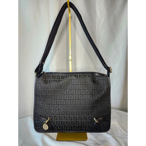 Fendi Black Zucchino Zucca Messenger Shoulder Charn Bag Vintage Y2K FF Logo - Picture 1 of 14